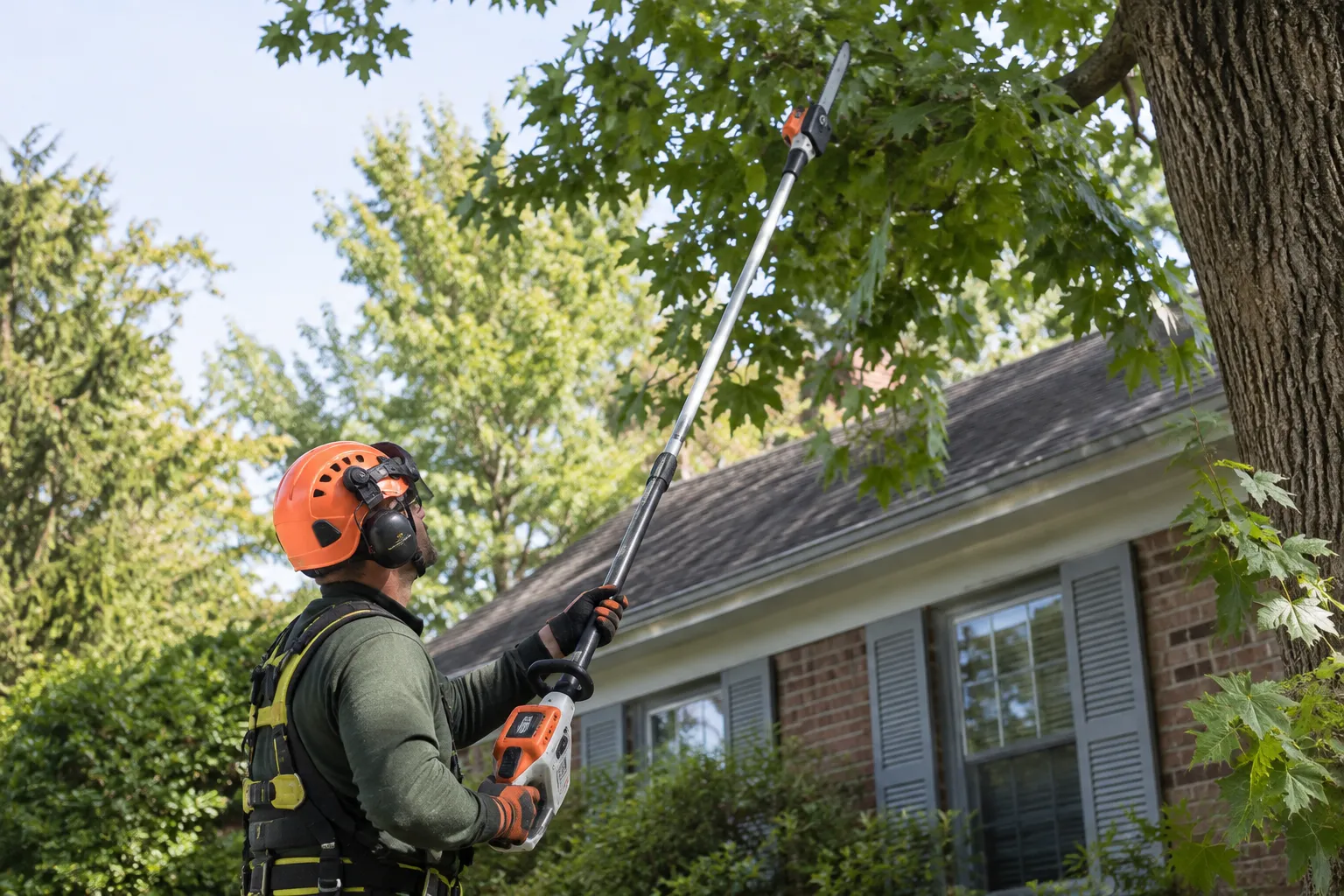 Professional arborist trimming branches near a house roof in Philadelphia