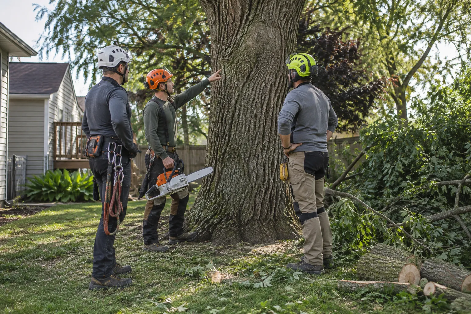 Professional tree removal crew assessing a large tree in a residential backyard