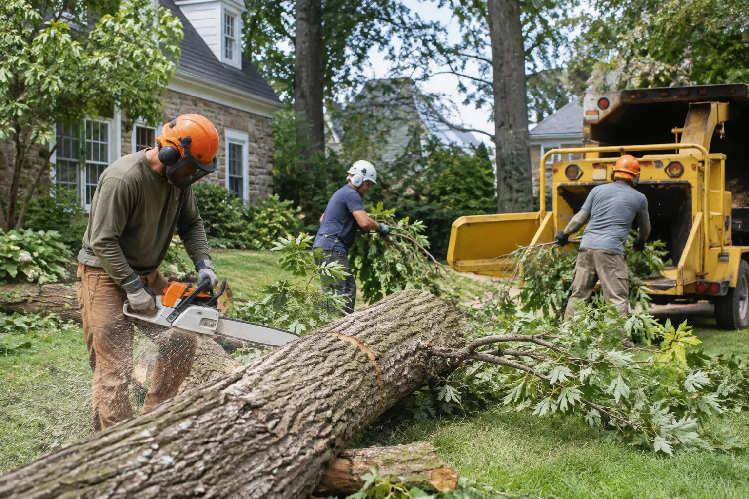 Professional tree cleanup crew removing branches and logs in a residential yard