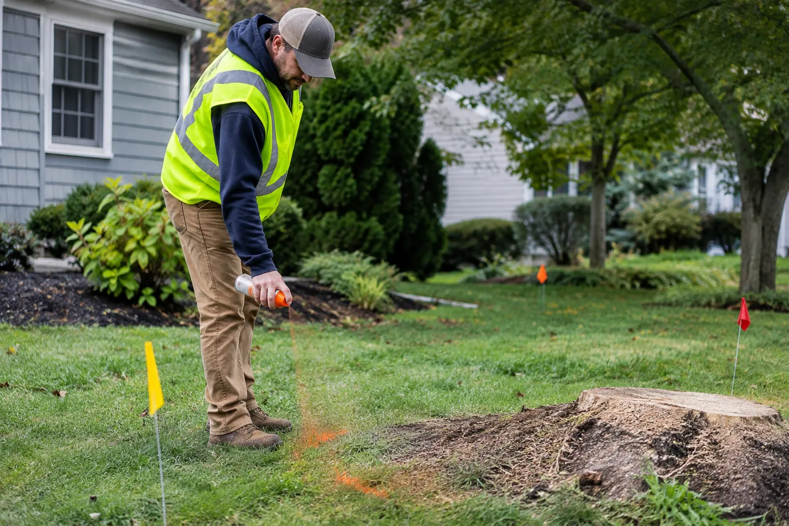 Technician marking underground utilities before stump grinding