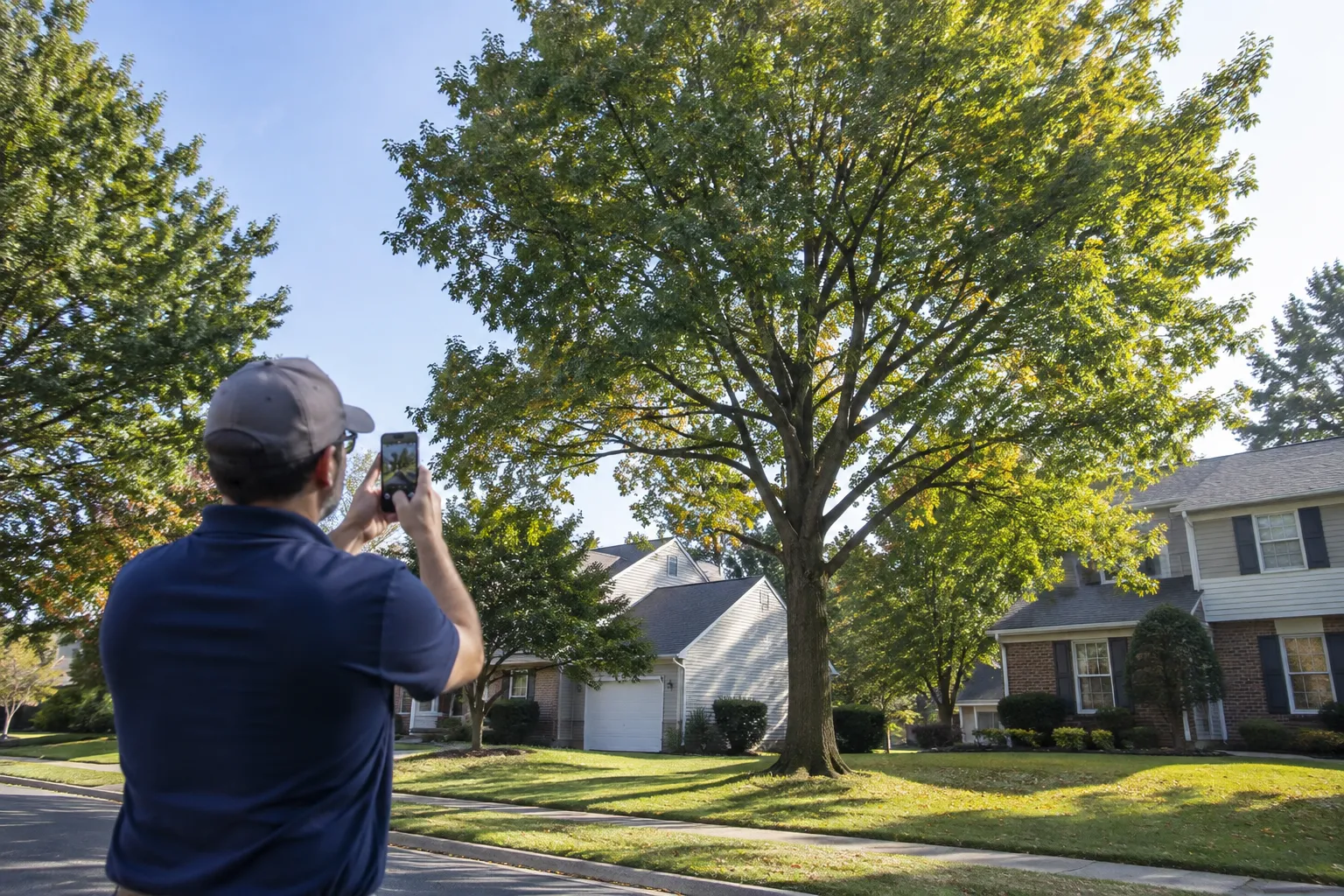 Contractor photographing a large residential tree from a safe distance with houses in the background