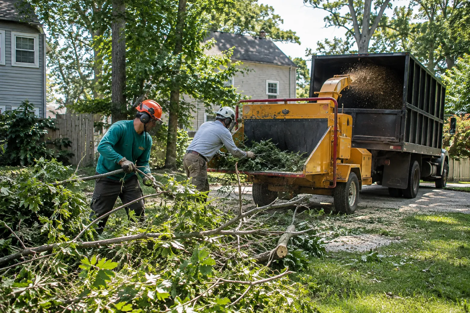 Tree cleanup crew using chipper truck in Philadelphia residential yard