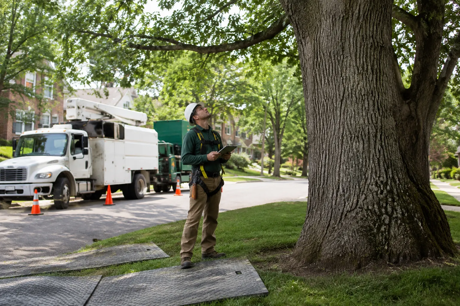 Tree service professional inspecting oak tree with protective ground mats in Philadelphia