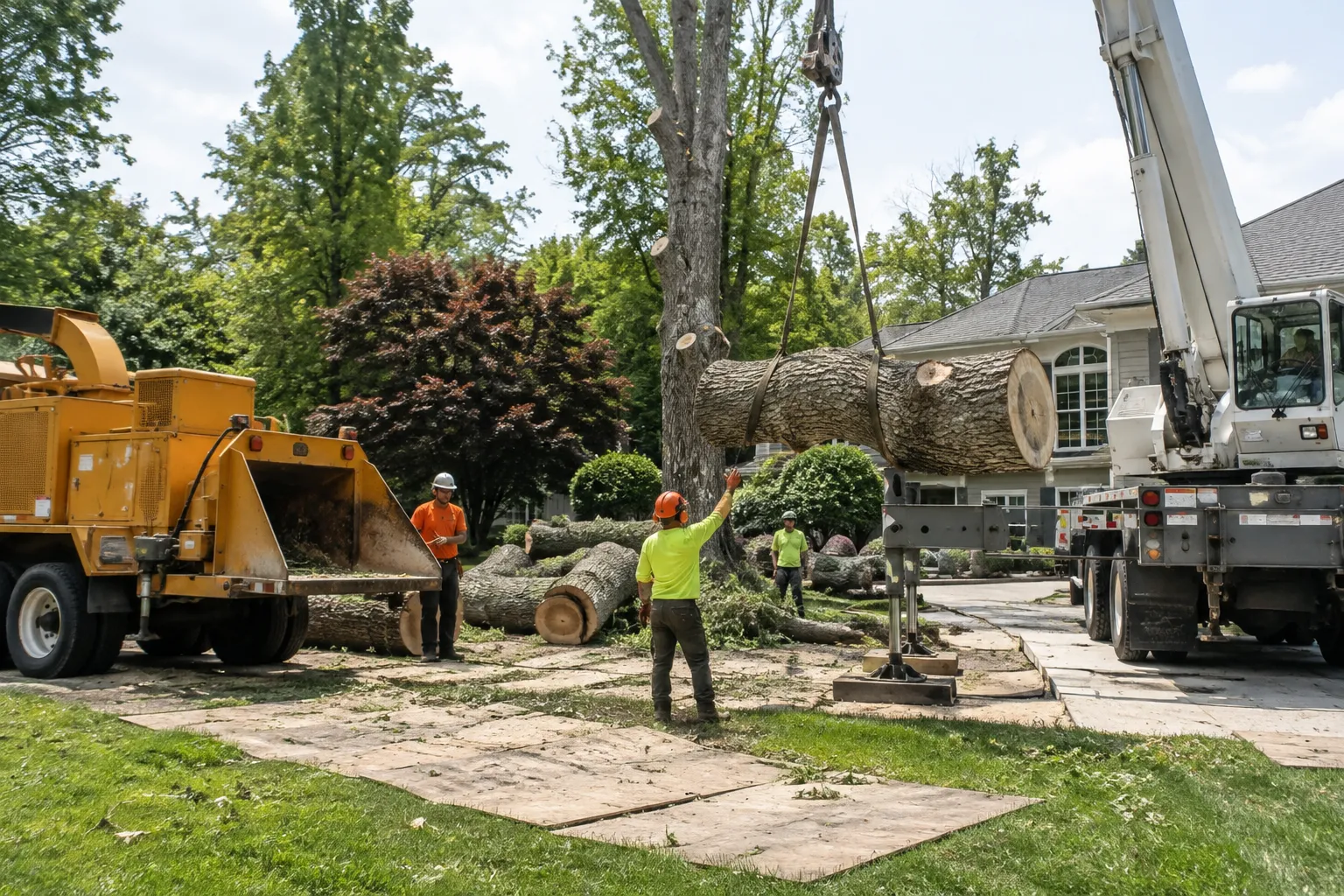Tree removal equipment set up with protective mats on a residential lawn near a house