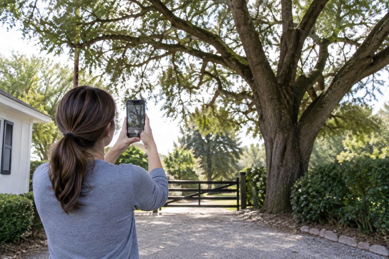 Homeowner photographing a tree and access route for cleanup estimate
