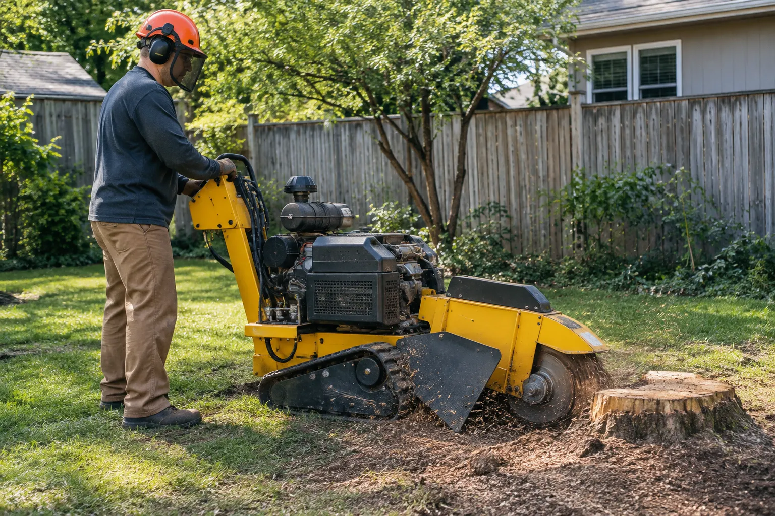 Stump grinding machine removing a tree stump in a residential yard